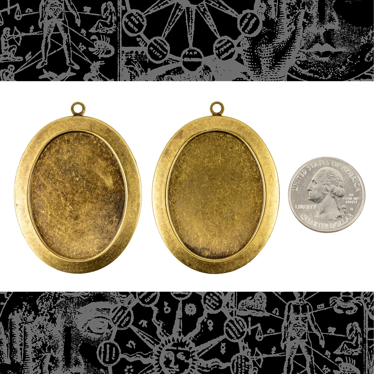 Antiqued Brass - 30mm x 40mm - Cameo Frames with Smooth Border - Set of Two - AB-F37